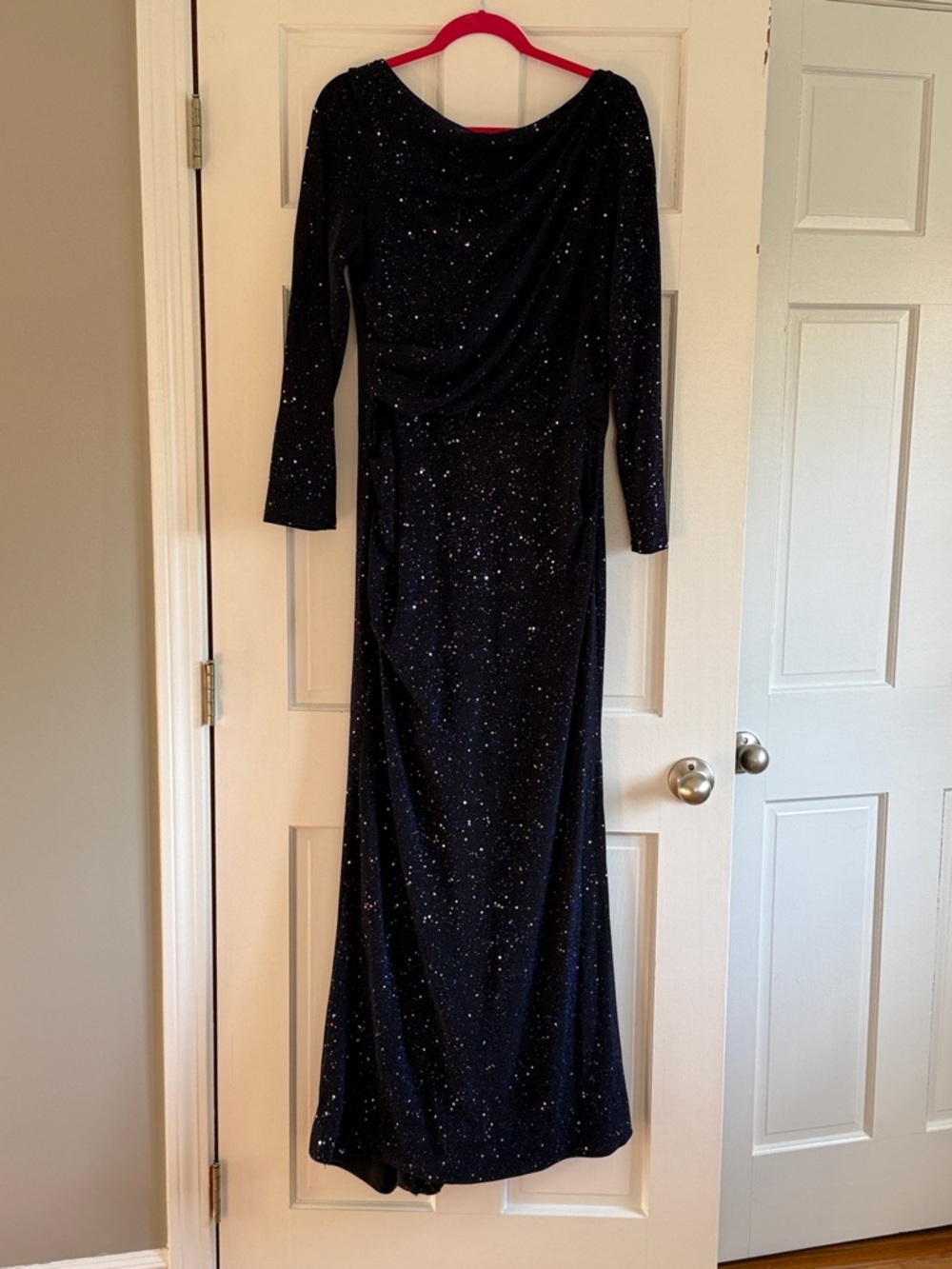 Betsy & Adam Blue/Black Sequin Long Sleeve Evening Gown sz 16